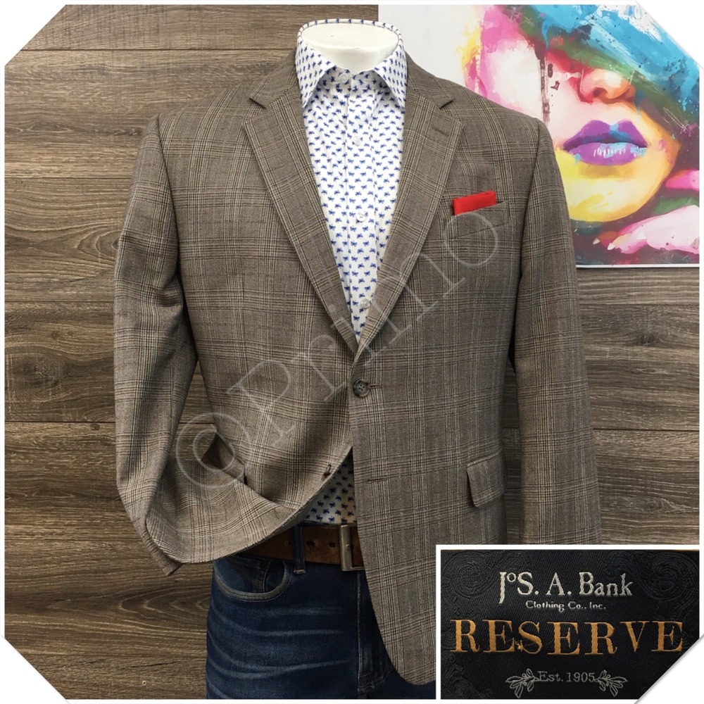 Jos A Bank Mens 44S Brown Plaid Wool Two Button Blazer Casual Suit Sport Coat